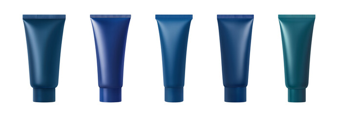 Dark blue cosmetics tube, set of plastic packaging, different shapes. Catalog mockup of cream, mask or toothpaste for design. Isolated element with clear even edge on transparent background
