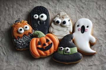 Obraz premium Halloween gingerbread cookies featuring spooky designs and vibrant colors perfect for festive celebrations and gatherings during the autumn season