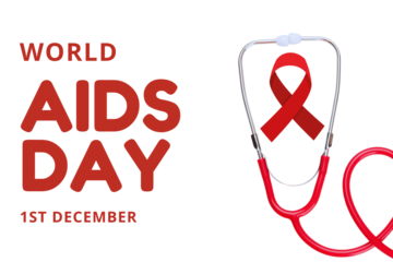 Stethoscope and red ribbon for HIV awareness, isolated, PNG