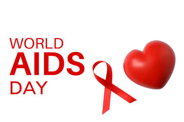 Red heart and ribbon for AIDS awareness, isolated, PNG