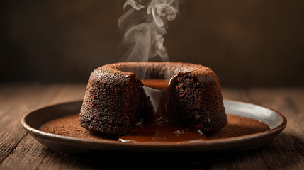 Warm chocolate lava cake with fresh blueberries high resolution photo