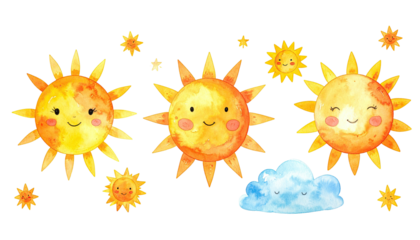 Smiling suns and a sleepy cloud, bright & whimsical art