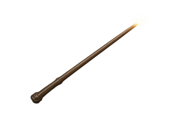 Brown wooden wand with rounded end and glowing tip, featuring subtle carvings slim, tapered shaft