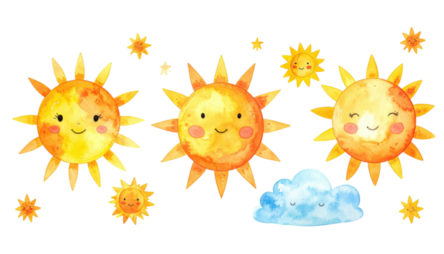 Smiling suns and a sleepy cloud, bright & whimsical art