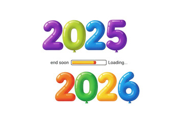 Loading bar with 2025 and 2026 balloon numbers isolated on transparent background a concept of the transition from one year to the next