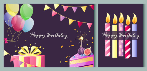 Happy Birthday. Set of colored greeting cards with candles, cake, and flags. Vector illustration.