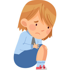 Sad Young Girl With Blond Hair Crouching With Hands On Stomach Wearing A Blue Shirt And Skirt Showing Discomfort On A White Transparent Background