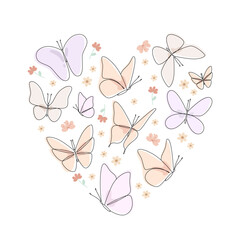 A heart made of butterflies on a white background. Vector.
