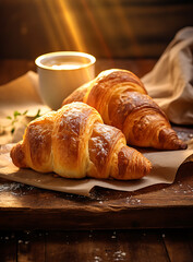 Golden croissants with powdered sugar grace a rustic wooden board, inviting a delightful morning indulgence