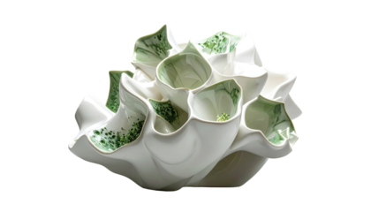 Sculptural white ceramic vase with green accent, folded layers, and unique, porous organic form, on a black background