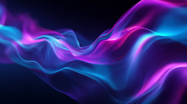 青と紫の抽象的な波形：テクノロジー・AI・データ通信をイメージした背景