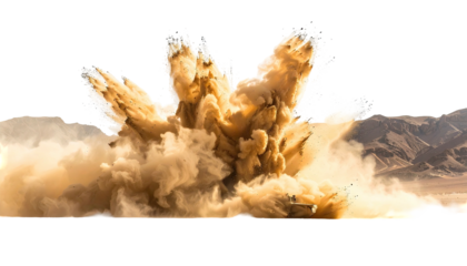 Beige sand dust mushroom explosion with desert mountain backdrop