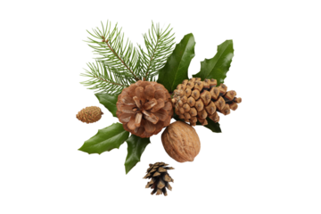 Pinecones and leaves for festive cheer, on white, PNG