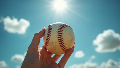 Hand holds baseball against bright sunny sky with clouds. Focus on ball shows red stitching ready for game. Sport, action, and recreation themes.