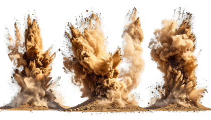 Three bursts of dirt and dust erupt in air against black