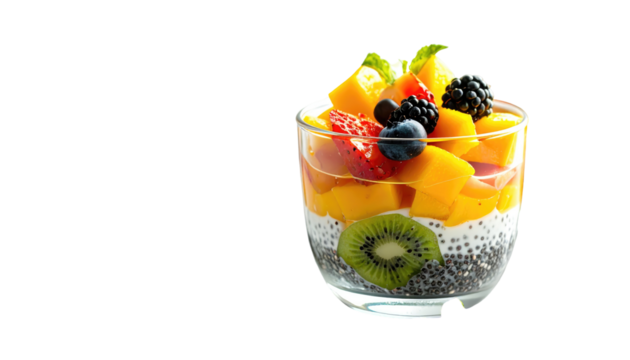 Bright fruit parfait in a glass, showcasing layers of colorful fresh fruits on a base of creamy chia seeds