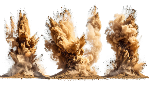 Three bursts of dirt and dust erupt in air against black