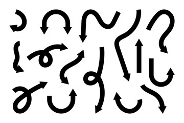 Collection of black curved arrows isolated on transparent background
