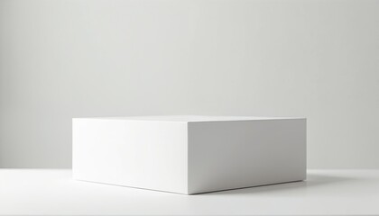 White rectangular box isolated on light surface. Blank cardboard container for product mockup package design. Simple empty object for shipping branding storage. Minimal gift wrapping template with