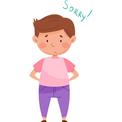 Sad Boy Wearing Pink TShirt And Purple Pants Standing With Hands On Hips And Sorry Written Above His Head Against A White Background And Transparent Background Vector Art