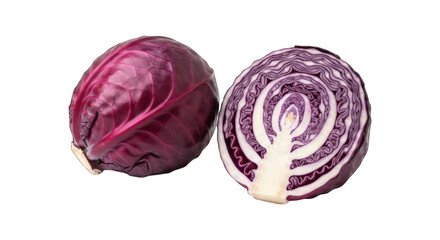 Obraz premium Red cabbage whole & halved, exposing inner layers on a black background