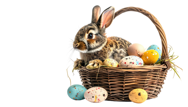 Rabbit inside basket with colorful Easter eggs, on black - Powered by Adobe