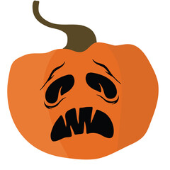 Sad Halloween Pumpkin Character With Spooky Face And Stem Against White Background
