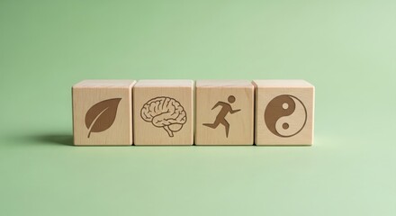 Pastel green background with wooden wellness blocks — symbolizing nutrition, mental wellbeing, physical activity, and harmony