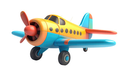 Colorful toy airplane rendered with realistic textures. Yellow, blue, orange and red. Isolated on black