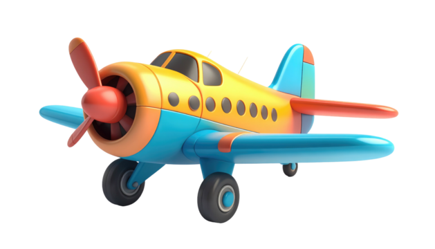 Colorful toy airplane rendered with realistic textures. Yellow, blue, orange and red. Isolated on black