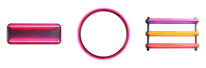 Neon lighting fixtures with rectangular, circular linear shapes displayed on transparent background Generative AI