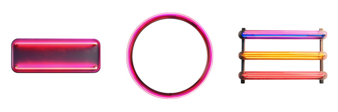 Neon lighting fixtures with rectangular, circular linear shapes displayed on transparent background Generative AI