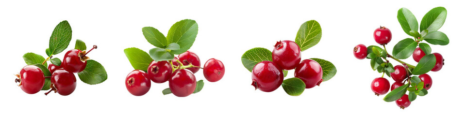 Obraz premium Close up of vibrant red lingonberries with fresh green leaves