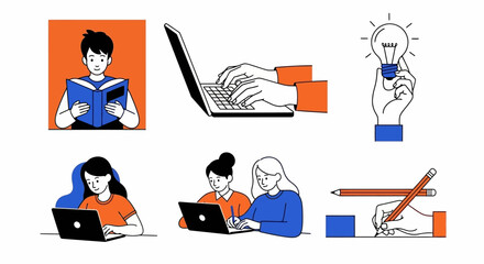 Illustration of People Studying and Working with Technology and Ideas Education and Innovation