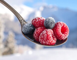 Frozen berries atop a silver spoon against snowy mountain scenery