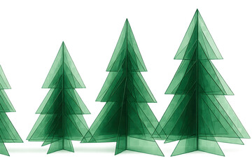 Abstract green geometric christmas trees on transparent background, modern holiday and festive season concept