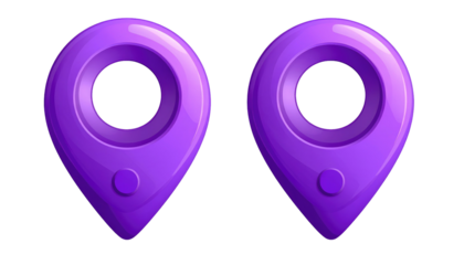 Two purple map pin icons with circular centers and dot bases, against a black background