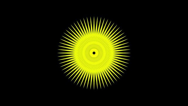 Geometric starburst pattern. A vibrant and mesmerizing visual of thin yellow rays extending from a central point, creating an optical illusion against a deep black backdrop.
