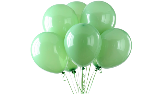 A cluster of light green, inflated balloons gathered and bunched together against a dark, transparent background