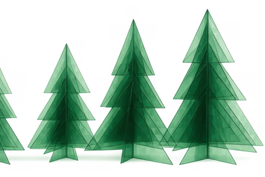 Abstract green geometric christmas trees on transparent background, modern holiday and festive season concept