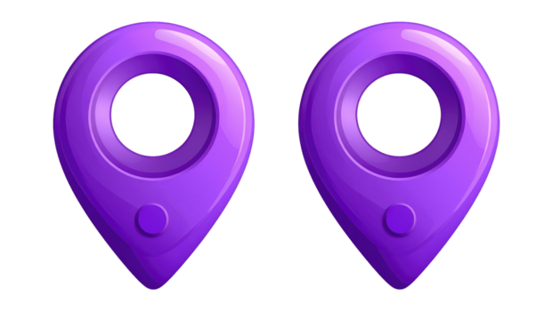 Two purple map pin icons with circular centers and dot bases, against a black background