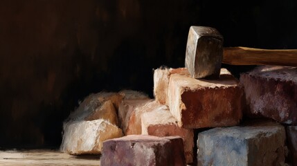 Painting of a pile of bricks and a hammer on a wooden surface. the bricks are of different colors and sizes, with some being red, orange, and blue, while others are white.