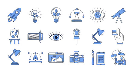 Naklejka premium Collection of Creative Design and Innovation Icons Rockets, Ideas, and Visuals, Illustration Icons