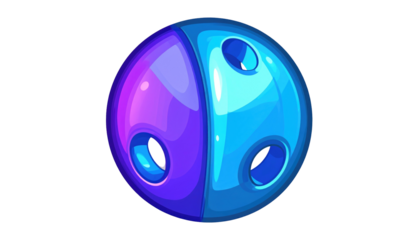 Cartoon bowling ball, half purple, half blue, with three holes, centered on a black background