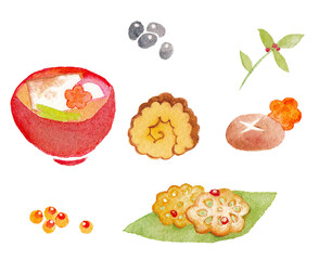 水彩イラスト おせち料理セット / お雑煮・伊達巻・梅・南天・黒豆・和食素材