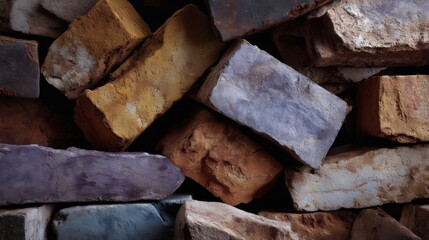 Close-up of a pile of old, weathered bricks. the bricks are of different sizes and colors, with some being red, orange, yellow, and purple, while others are brown and gray.