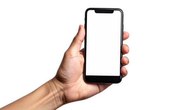 Hand holding a blank, black smartphone with a white screen, isolated against a solid black background in portrait