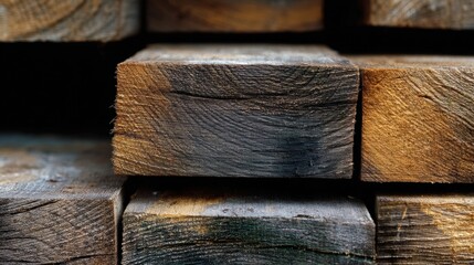 Stack of wooden planks stacked on top of each other. the planks are of different sizes and colors, with some being dark brown and others being lighter in color.