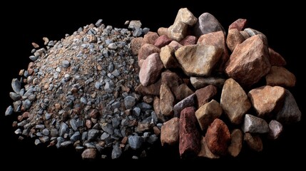 Pile of small rocks and pebbles on a black background. the rocks are of different sizes and colors, including red, brown, and gray.