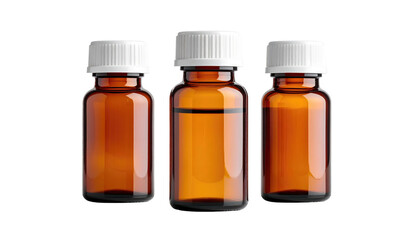 Three amber glass bottles with white caps against a dark backdrop, arranged in a neat row